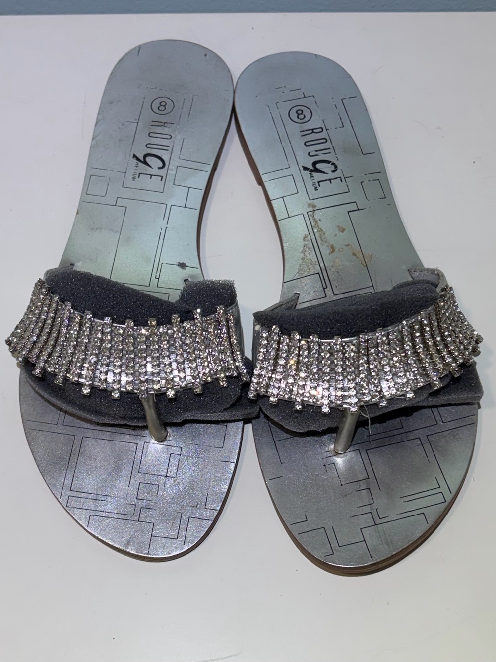 Rouge Glitzy Rhinestone & Silver Jeweled Women's Slide Sandals. Size 8